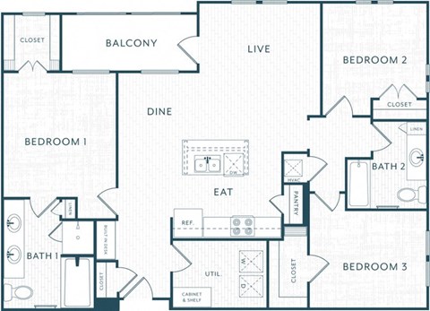 A floor plan of a house with three bedrooms, a balcony, a dining area, a kitchen, a living room, and two bathrooms.